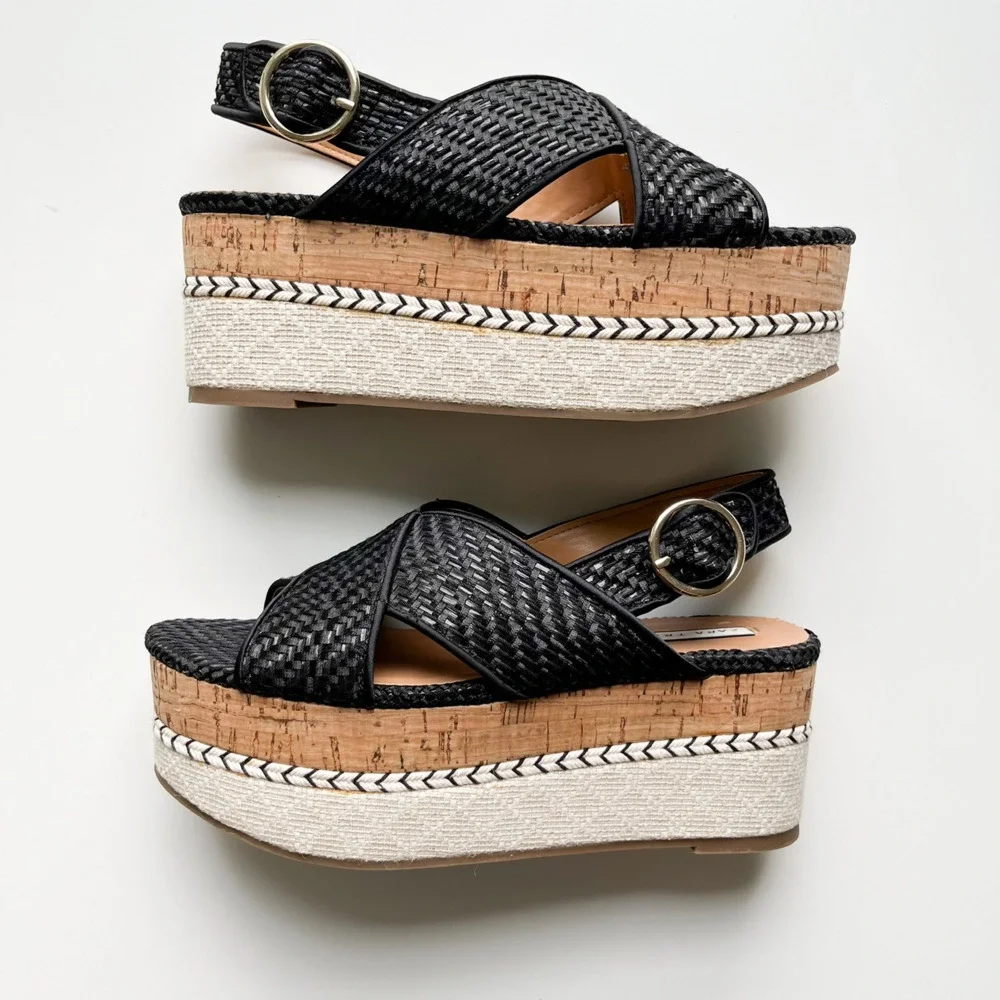 Zara Trafaluc Black Woven Cross Strap Slingback Platform Sandal Womens 36 / US 6